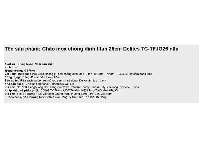 Chảo inox nguyên khối chống dính đáy từ 26 cm Delites TC-TFJG26 Màu Nâu