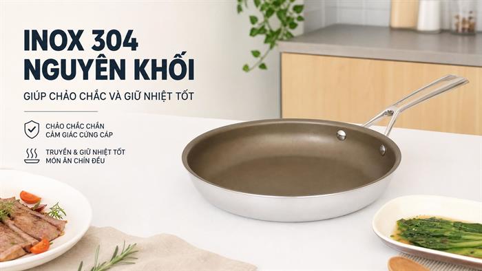 Chảo inox nguyên khối chống dính đáy từ 26 cm Delites TC-TFJG26 Màu Nâu