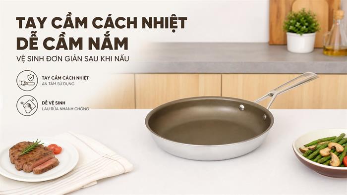 Chảo inox nguyên khối chống dính đáy từ 26 cm Delites TC-TFJG26 Màu Nâu