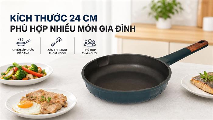Chảo nhôm chống dính đáy từ 24 cm Delites Y2324 Màu Xanh dương đậm