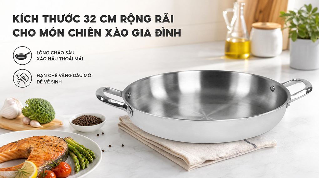 Chảo inox nguyên khối đáy từ 32 cm Pramie PP3041301-32 Màu Inox