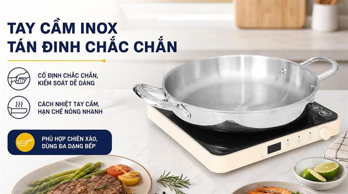 Chảo inox nguyên khối đáy từ 32 cm Pramie PP3041301-32 Màu Inox