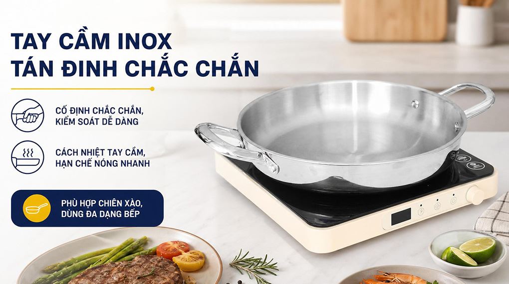 Chảo inox nguyên khối đáy từ 32 cm Pramie PP3041301-32 Màu Inox