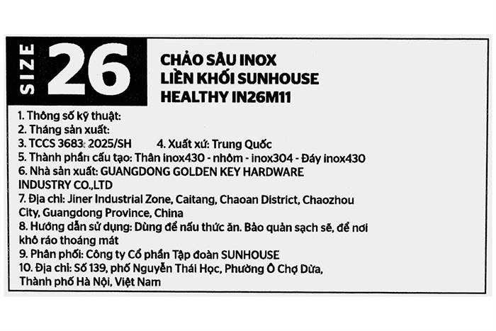 Chảo inox nguyên khối sâu đáy từ 26 cm Sunhouse Healthy IN26M11 Màu Inox