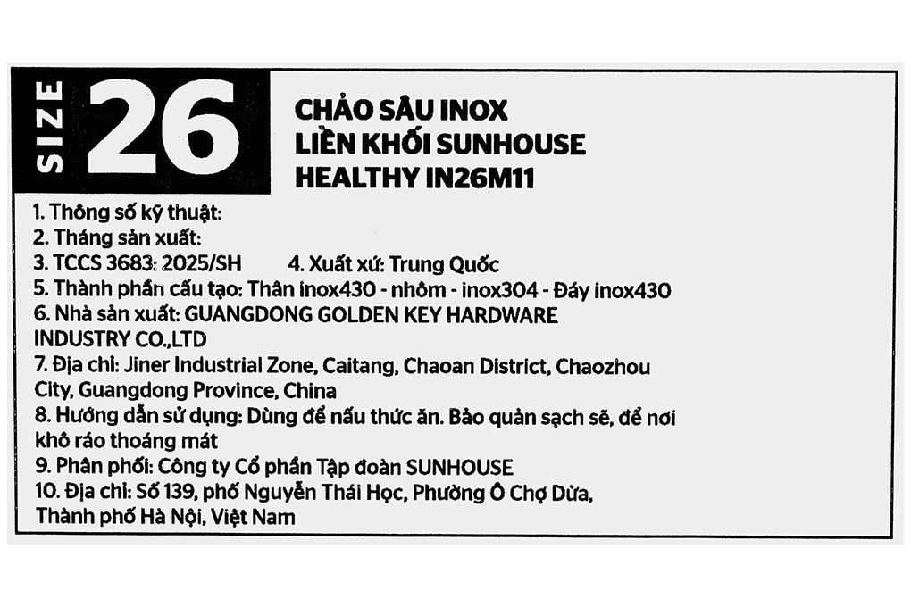 Chảo inox nguyên khối sâu đáy từ 26 cm Sunhouse Healthy IN26M11 Màu Inox