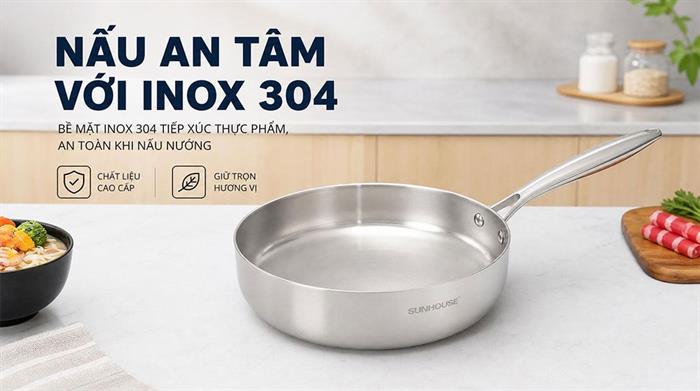 Chảo inox nguyên khối sâu đáy từ 26 cm Sunhouse Healthy IN26M11 Màu Inox