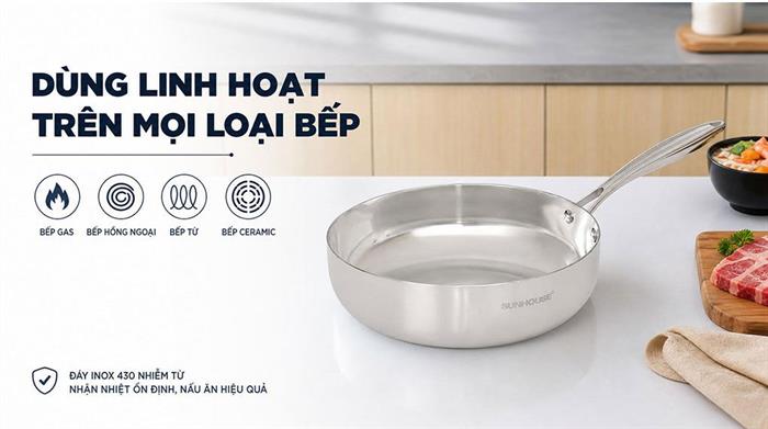 Chảo inox nguyên khối sâu đáy từ 26 cm Sunhouse Healthy IN26M11 Màu Inox