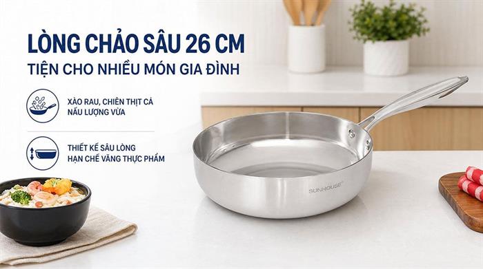 Chảo inox nguyên khối sâu đáy từ 26 cm Sunhouse Healthy IN26M11 Màu Inox