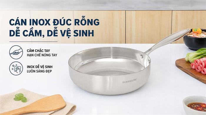 Chảo inox nguyên khối sâu đáy từ 26 cm Sunhouse Healthy IN26M11 Màu Inox
