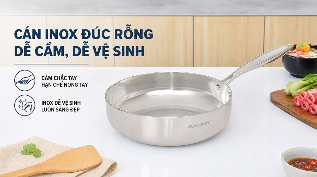 Chảo inox nguyên khối sâu đáy từ 26 cm Sunhouse Healthy IN26M11 Màu Inox