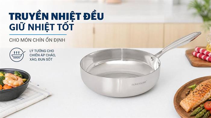 Chảo inox nguyên khối sâu đáy từ 26 cm Sunhouse Healthy IN26M11 Màu Inox