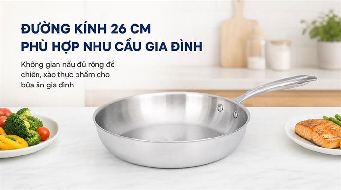 Chảo inox nguyên khối đáy từ 26 cm Sunhouse Healthy IN26X1 Màu Inox