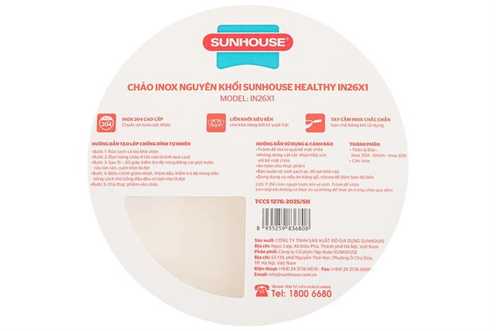Chảo inox nguyên khối đáy từ 26 cm Sunhouse Healthy IN26X1 Màu Inox