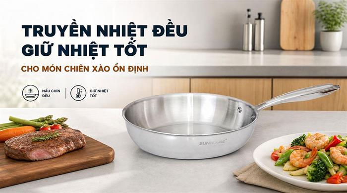 Chảo inox nguyên khối đáy từ 26 cm Sunhouse Healthy IN26X1 Màu Inox