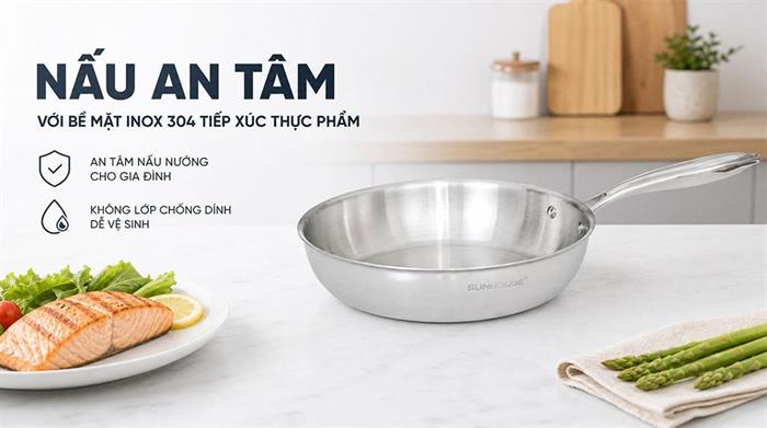 Chảo inox nguyên khối đáy từ 26 cm Sunhouse Healthy IN26X1 Màu Inox