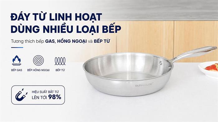 Chảo inox nguyên khối đáy từ 26 cm Sunhouse Healthy IN26X1 Màu Inox