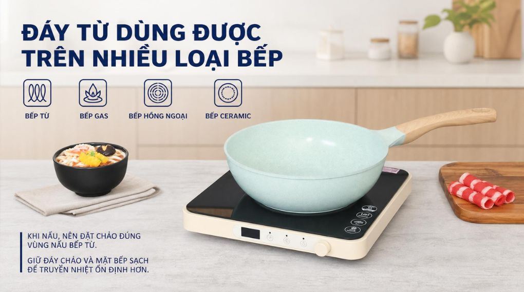 Chảo nhôm sâu chống dính đáy từ 26 cm Sunhouse Healthy SBDS26MT Màu Xanh ngọc