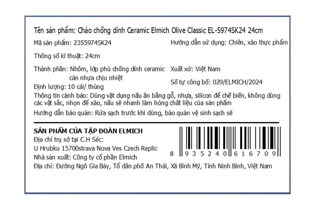 Chảo nhôm chống dính Ceramic đáy từ 24 cm Elmich Olive Classic EL5974SK24 Màu Xanh Navy