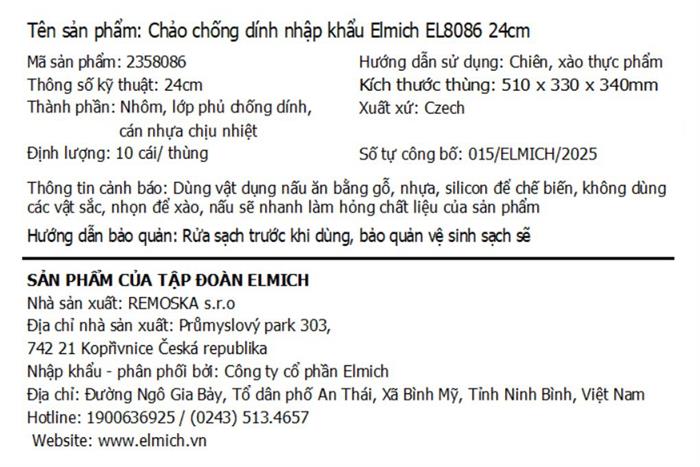 Chảo nhôm chống dính đáy từ 24cm Elmich EL8086 Màu Đen