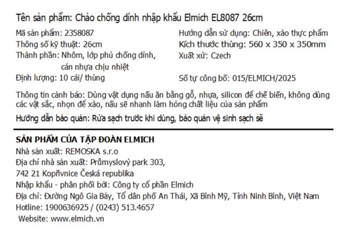 Chảo nhôm chống dính đáy từ 26cm Elmich EL8087 Màu Đen