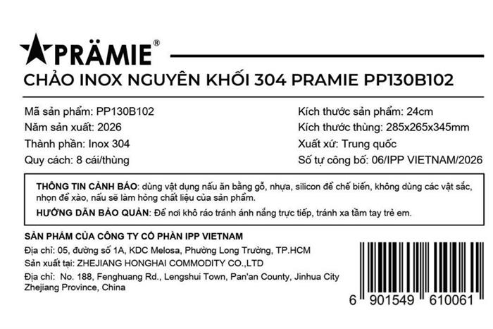 Chảo inox nguyên khối sâu 24 cm Pramie PP130B102 Màu Bạc Inox