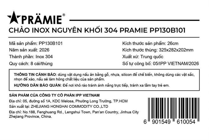 Chảo inox nguyên khối 26 cm Pramie PP130B101 Màu Bạc Inox