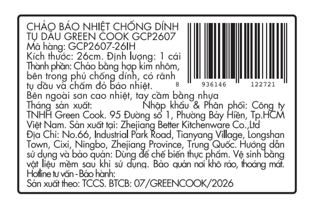 Chảo nhôm chống dính đáy từ 26cm Greencook GCP2607-26IH Màu Đen