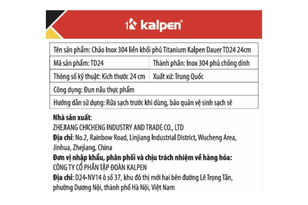 Chảo inox chống dính đáy từ 24 cm Kalpen Dauer TD24 Màu Inox
