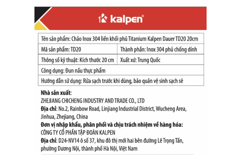 Chảo inox chống dính đáy từ 20 cm Kalpen Dauer TD20 Màu Inox