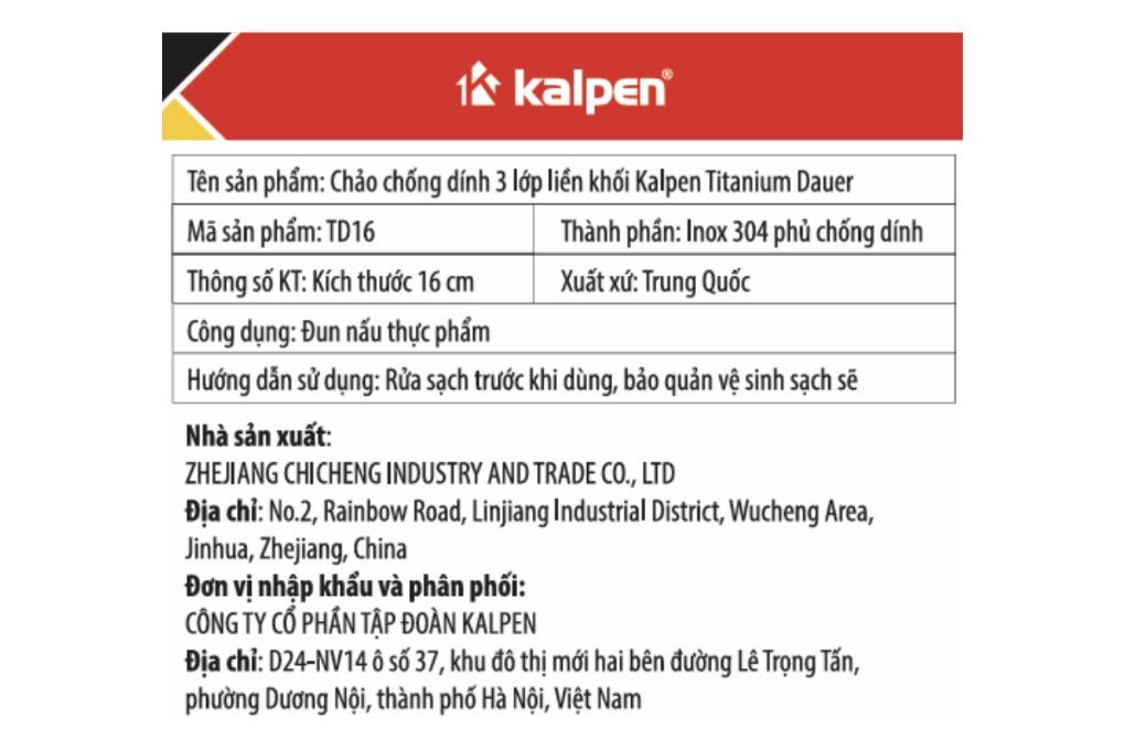 Chảo inox chống dính đáy từ 16 cm Kalpen Dauer TD16 Màu Inox