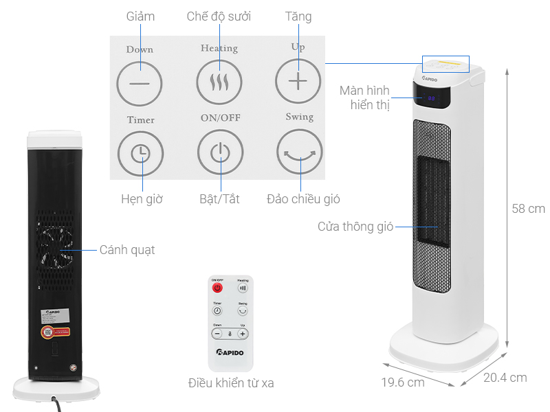 Quạt sưởi gốm Rapido RCH-2000SDW