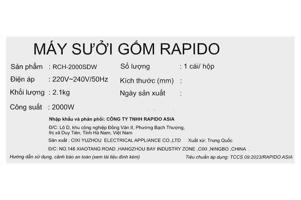 Quạt sưởi gốm Rapido RCH-2000SDW Màu Trắng