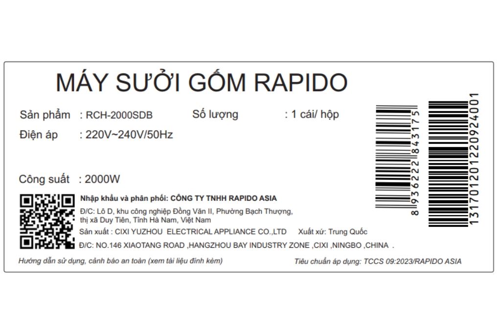 Quạt sưởi gốm Rapido RCH-2000SDB Màu Đen