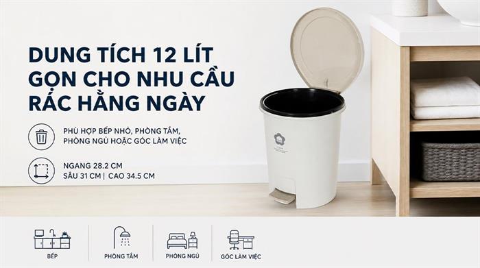 Thùng rác nhựa 12 lít Hiro Inochi HIN.RATR.0012 Màu Kem