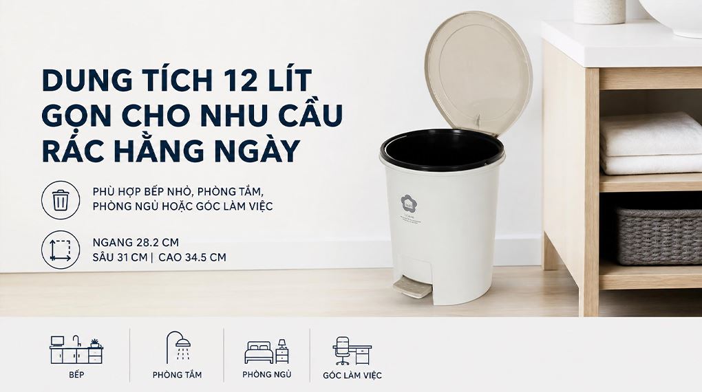 Thùng rác nhựa 12 lít Hiro Inochi HIN.RATR.0012 Màu Kem