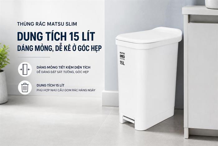 Thùng rác nhựa 15 lít Duy Tân Matsu Slim Màu Trắng