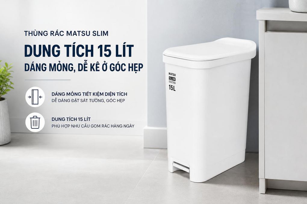 Thùng rác nhựa 15 lít Duy Tân Matsu Slim Màu Trắng