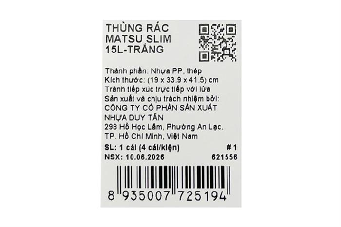 Thùng rác nhựa 15 lít Duy Tân Matsu Slim Màu Trắng