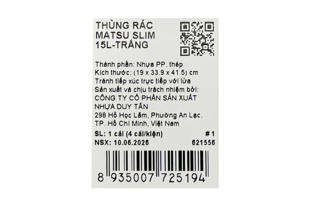 Thùng rác nhựa 15 lít Duy Tân Matsu Slim Màu Trắng