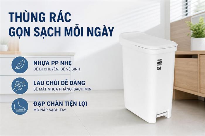 Thùng rác nhựa 15 lít Duy Tân Matsu Slim Màu Trắng