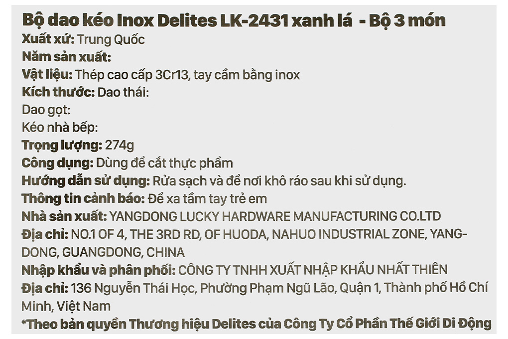 Bộ dao kéo inox Delites LK-2431 Màu Xanh lá