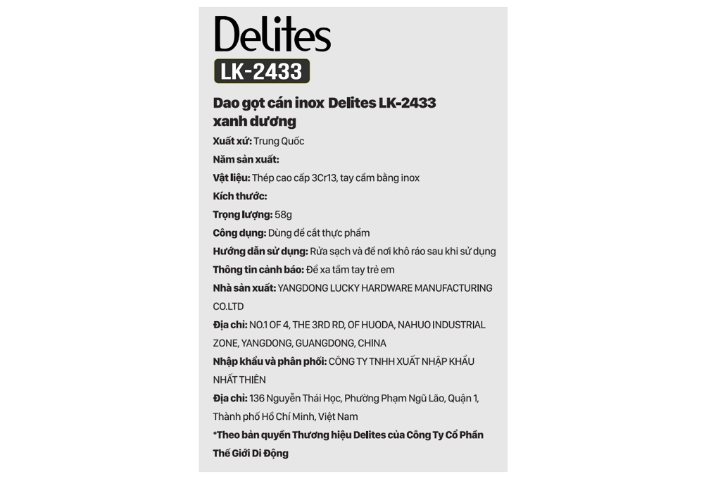 Dao gọt inox Delites LK-2433 Màu Xanh Dương