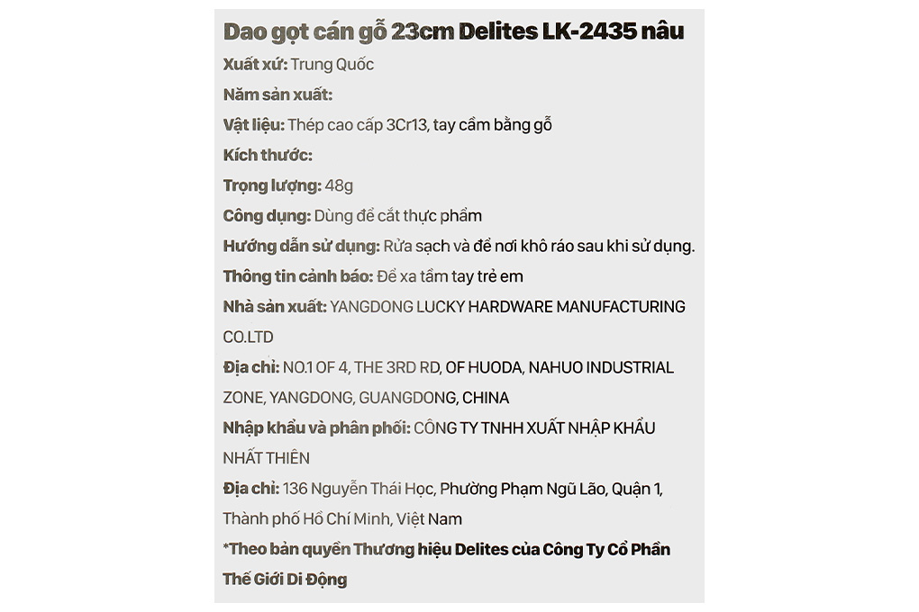 Dao gọt inox Delites LK-2435 Màu Nâu