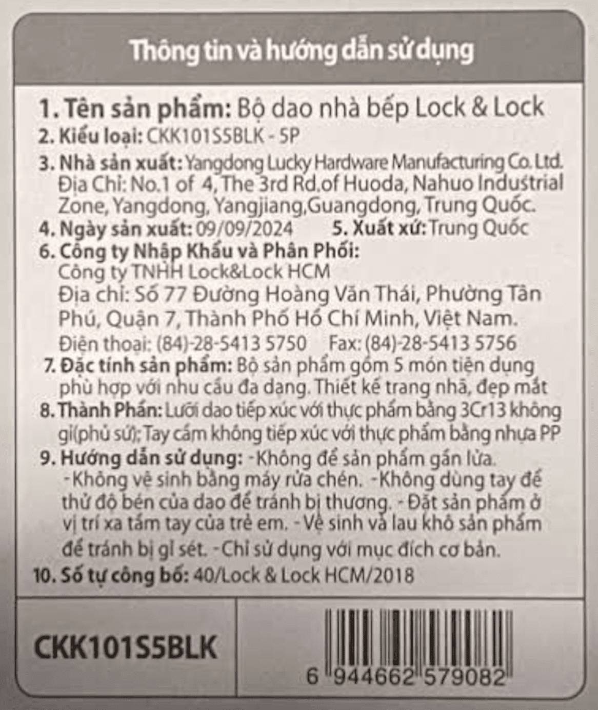 Bộ dao thép không gỉ Lock&Lock CKK101S5BLK Màu Đen