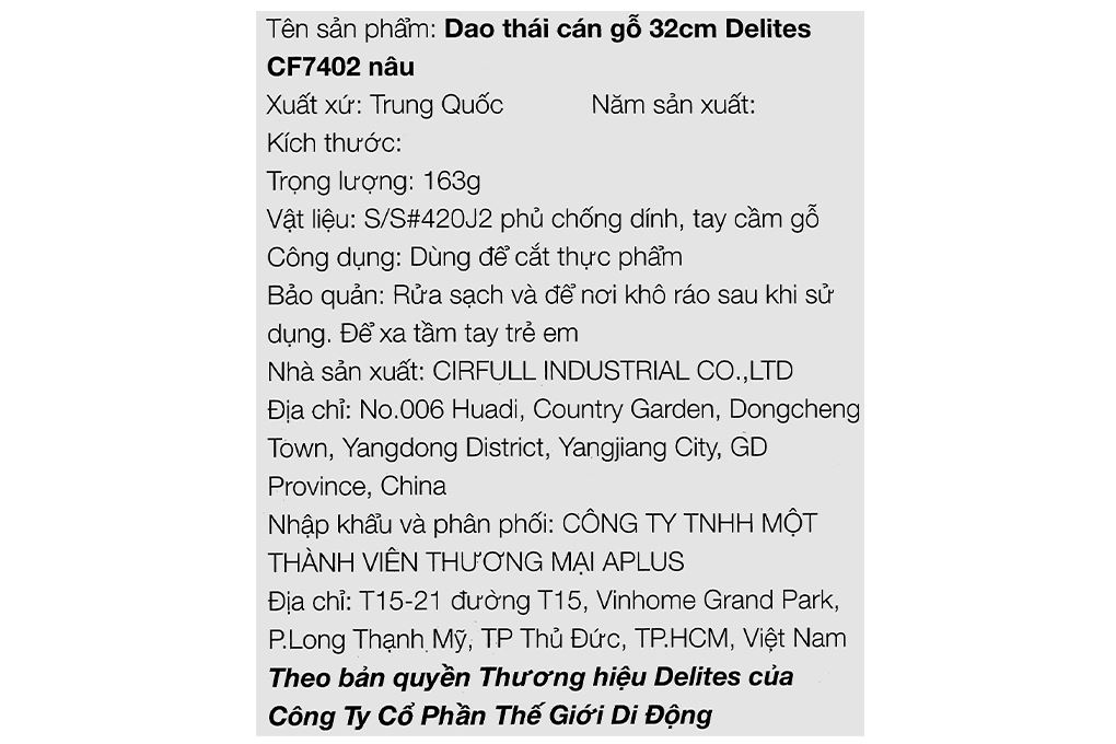 Dao thái inox Delites CF7402 Màu Nâu