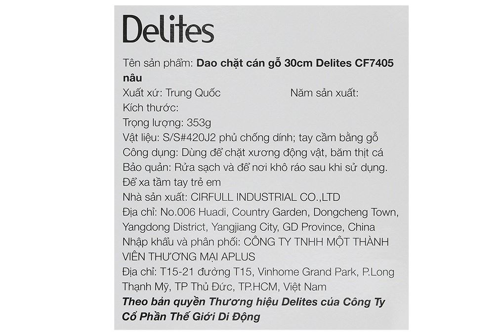 Dao chặt inox Delites CF7405 Màu Nâu