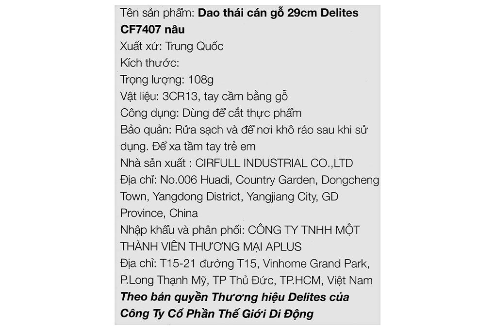 Dao thái inox Delites CF7407 Màu Nâu