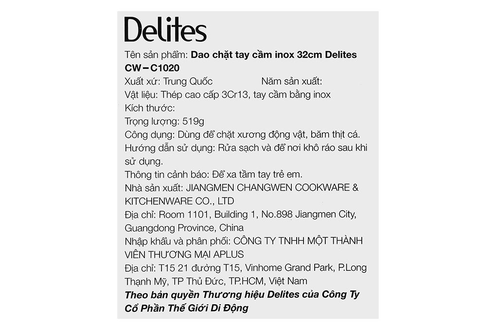 Dao chặt inox 32 cm Delites CW-C1020 Màu Bạc