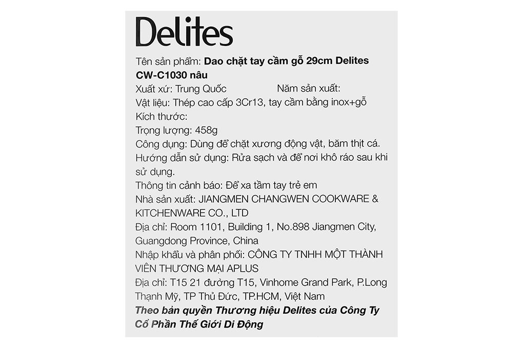 Dao chặt gỗ 29 cm Delites CW-C1030 Màu Nâu