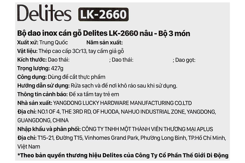 Bộ dao inox Delites LK-2660 Màu Nâu